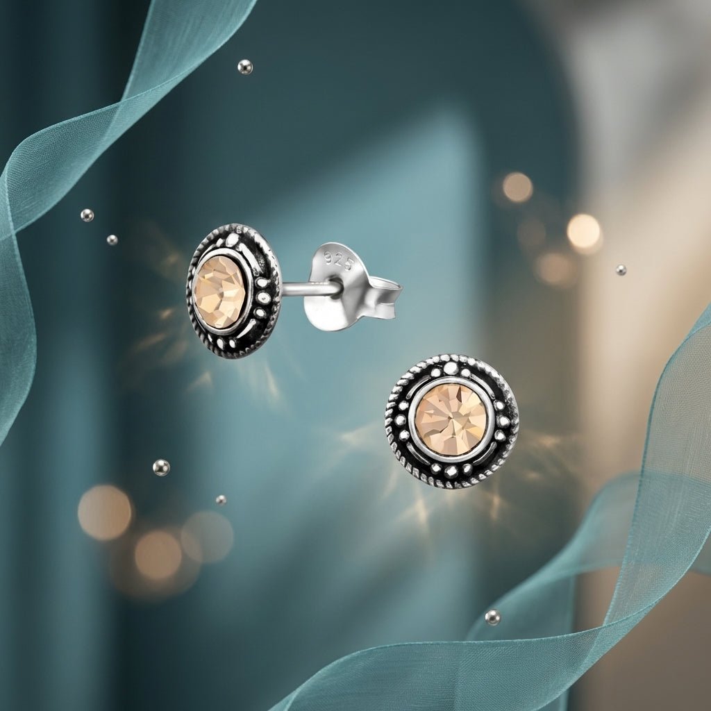 Oorstekers – Sterling Zilver Bali Etnisch Champagne Kristal 7mm Dames - Aramat Jewels - Oorbellen - cadeautip