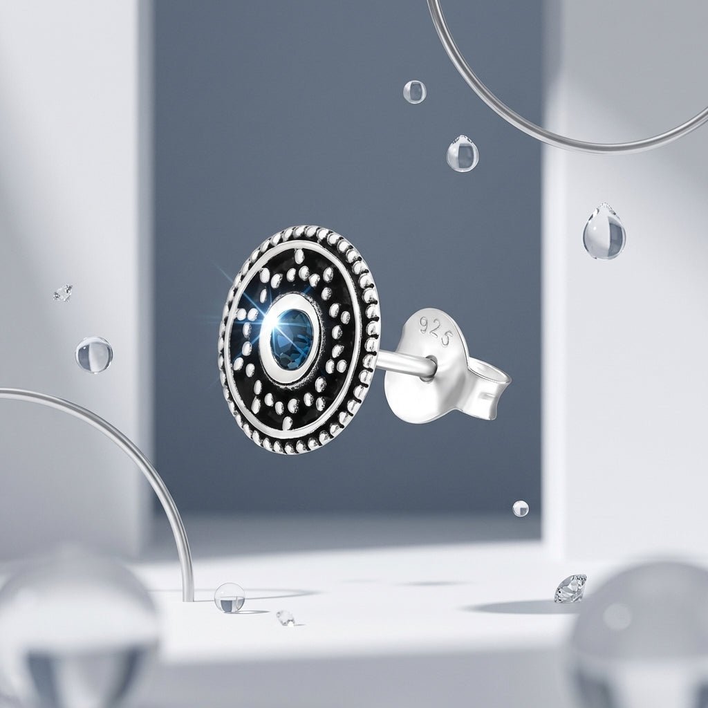 Oorstekers – Sterling Zilver Bali Etnisch Donker Blauw Kristal 9mm Rond Geoxideerd - Aramat Jewels - Oorbellen - cadeautip