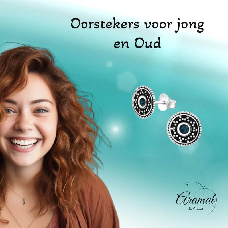 Oorstekers – Sterling Zilver Bali Etnisch Donker Blauw Kristal 9mm Rond Geoxideerd - Aramat Jewels - Oorbellen - cadeautip