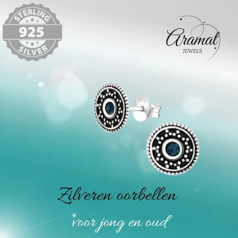 Oorstekers – Sterling Zilver Bali Etnisch Donker Blauw Kristal 9mm Rond Geoxideerd - Aramat Jewels - Oorbellen - cadeautip