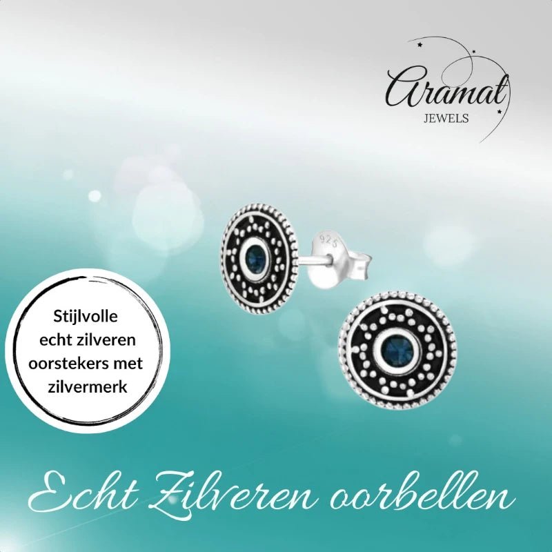 Oorstekers – Sterling Zilver Bali Etnisch Donker Blauw Kristal 9mm Rond Geoxideerd - Aramat Jewels - Oorbellen - cadeautip