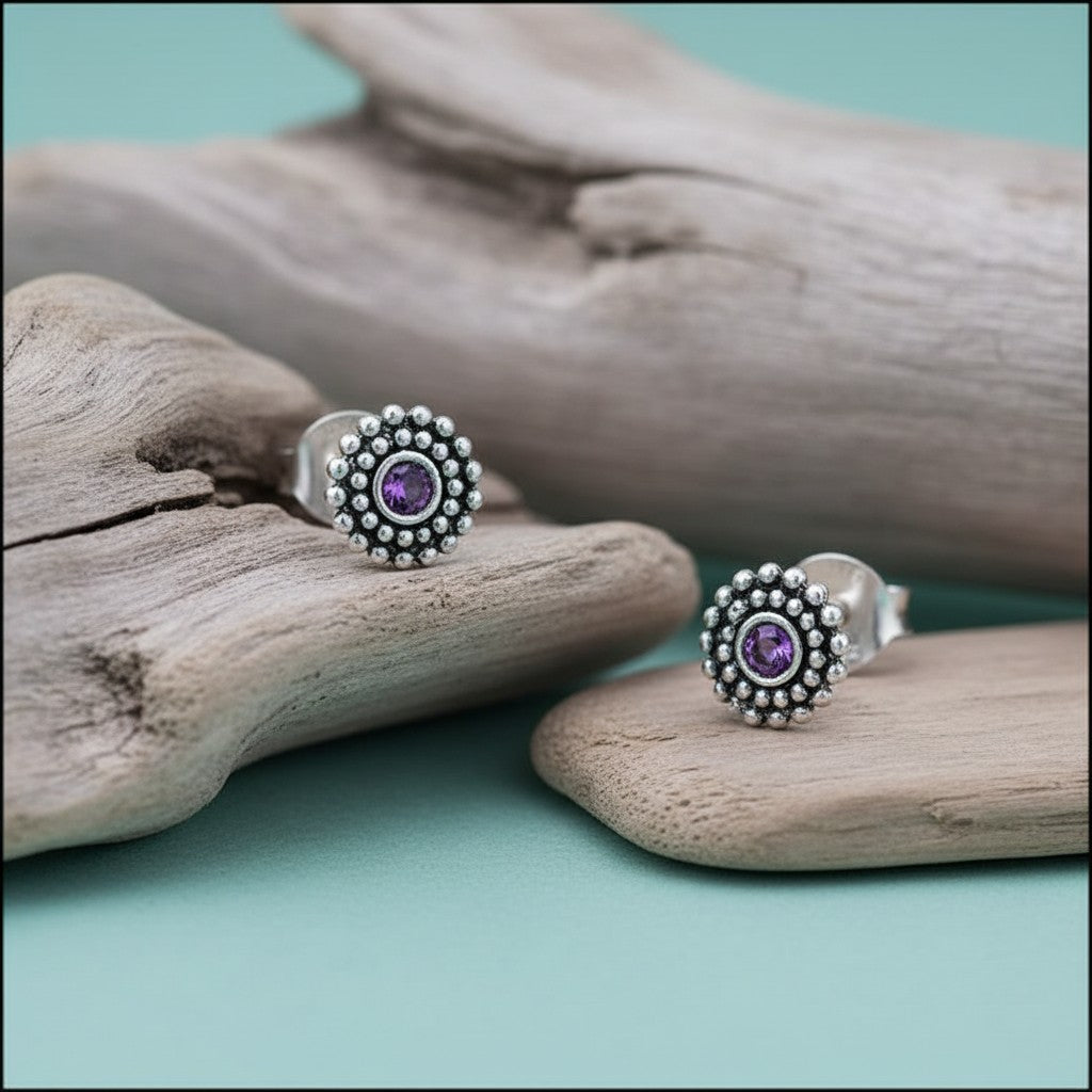 Oorstekers – Sterling Zilver Bali Etnisch Paars Kristal 6mm Dames - Aramat Jewels - Oorbellen - cadeautip