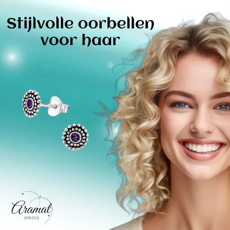 Oorstekers – Sterling Zilver Bali Etnisch Paars Kristal 6mm Dames - Aramat Jewels - Oorbellen - cadeautip
