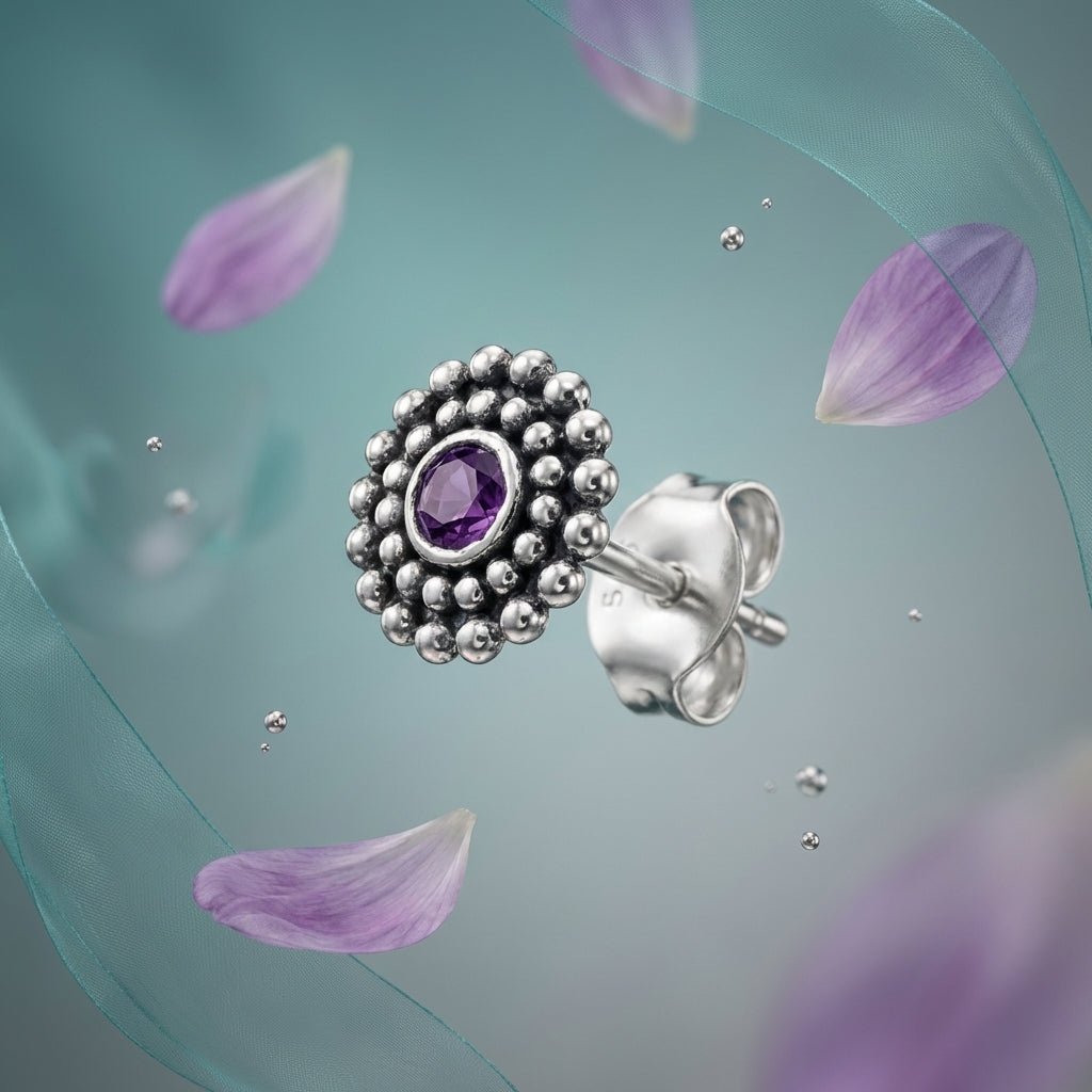 Oorstekers – Sterling Zilver Bali Etnisch Paars Kristal 6mm Dames - Aramat Jewels - Oorbellen - cadeautip