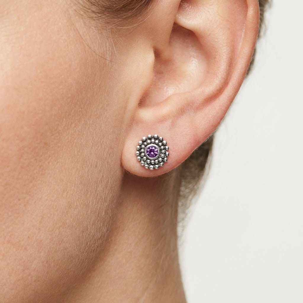 Oorstekers – Sterling Zilver Bali Etnisch Paars Kristal 6mm Dames - Aramat Jewels - Oorbellen - cadeautip