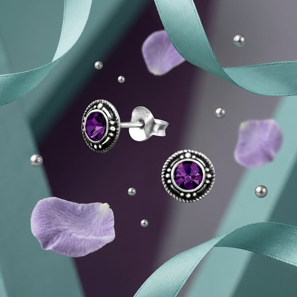 Oorstekers – Sterling Zilver Bali Etnisch Paars Kristal 7mm Dames - Aramat Jewels - Oorbellen - cadeautip