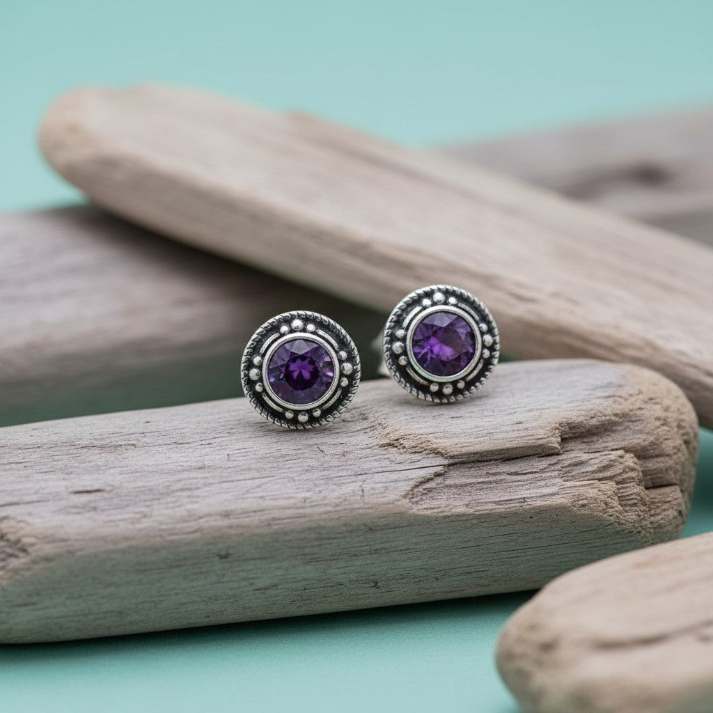 Oorstekers – Sterling Zilver Bali Etnisch Paars Kristal 7mm Dames - Aramat Jewels - Oorbellen - cadeautip
