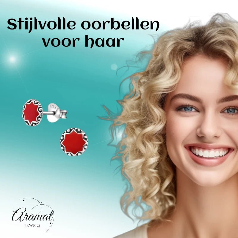 Oorstekers – Sterling Zilver Bali Etnisch Rood Emaille 6mm Rond Geoxideerd - Aramat Jewels - Oorbellen - cadeautip