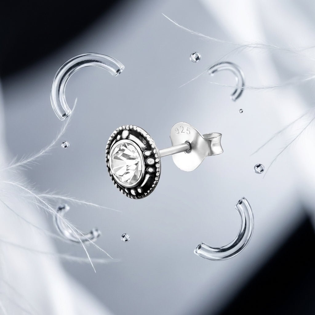 Oorstekers – Sterling Zilver Bali Etnisch Transparant Kristal 7mm Rond Geoxideerd - Aramat Jewels - Oorbellen - cadeautip