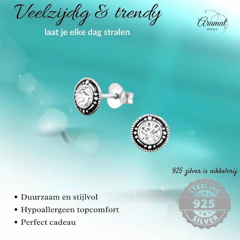 Oorstekers – Sterling Zilver Bali Etnisch Transparant Kristal 7mm Rond Geoxideerd - Aramat Jewels - Oorbellen - cadeautip