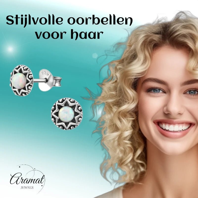 Oorstekers – Sterling Zilver Bali Etnisch Wit Opaal 6mm Rond Geoxideerd - Aramat Jewels - Oorbellen - cadeautip