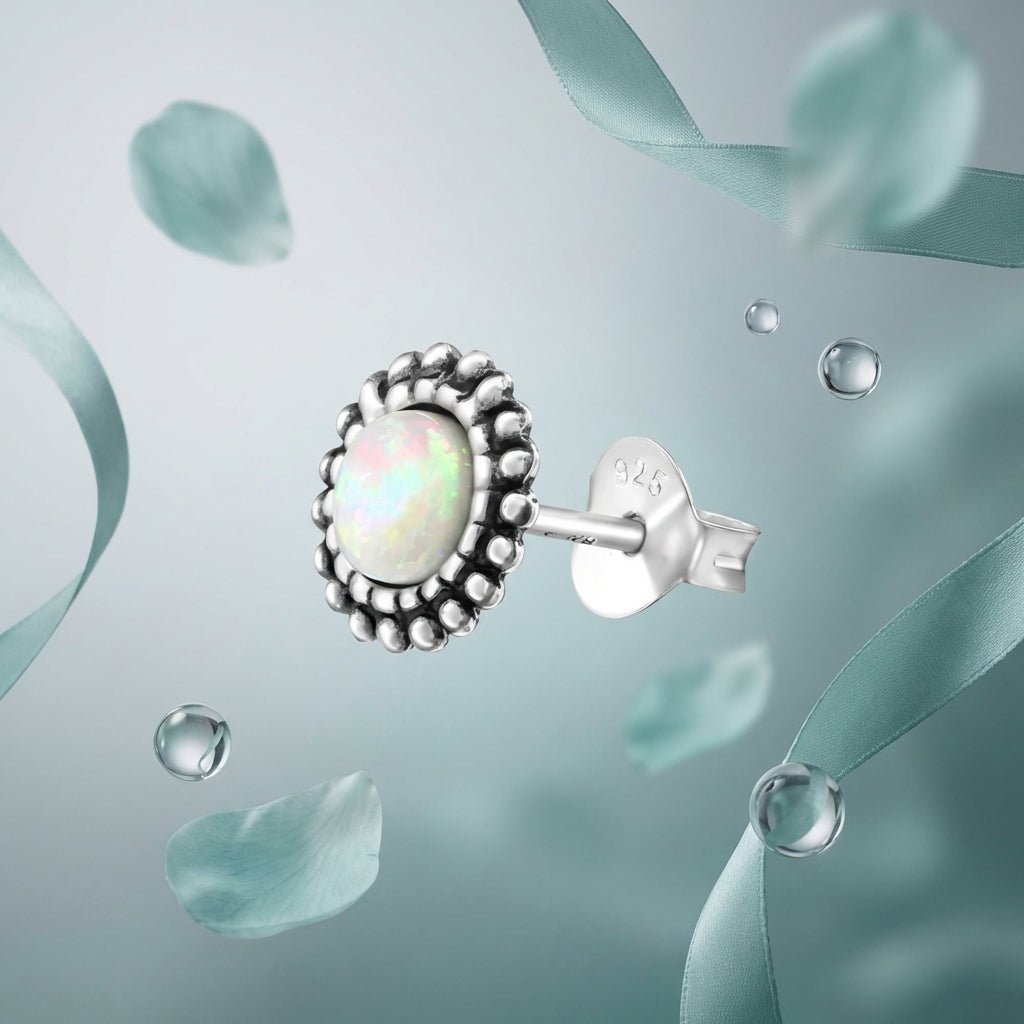 Oorstekers – Sterling Zilver Bali Etnisch Wit Opaal 8mm Geoxideerd - Aramat Jewels - Oorbellen - cadeautip