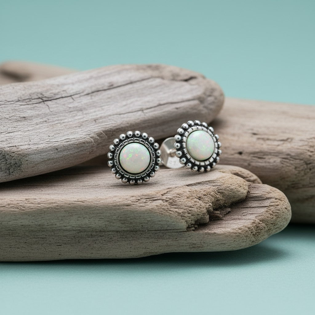 Oorstekers – Sterling Zilver Bali Etnisch Wit Opaal 8mm Geoxideerd - Aramat Jewels - Oorbellen - cadeautip