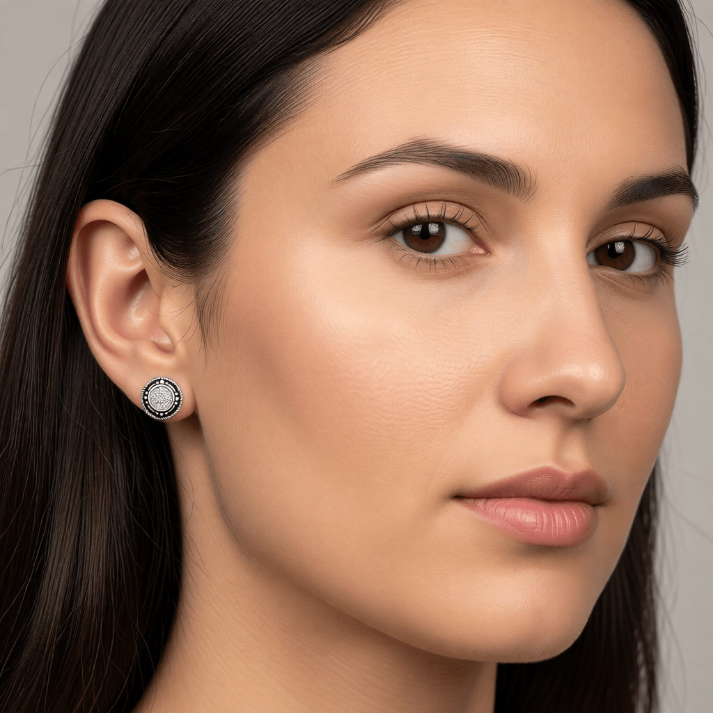 Oorstekers – Sterling Zilver Bali Etnisch Witte Glitter 7mm Rond Geoxideerd - Aramat Jewels - Oorbellen - cadeautip
