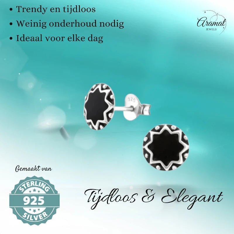 Oorstekers – Sterling Zilver Bali Etnisch Zwart Emaille 8mm Rond Geoxideerd - Aramat Jewels - Oorbellen - cadeautip
