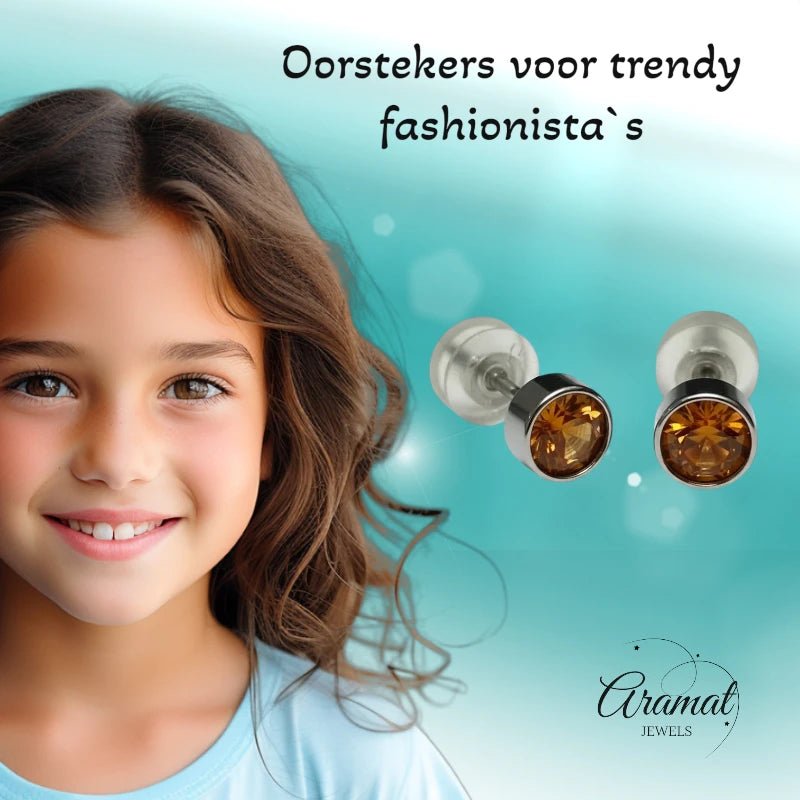 Oorstuds – Staal Kristal Topaas Bruin Zilverkleur (5mm) - Aramat Jewels - Oorbellen - cadeautip