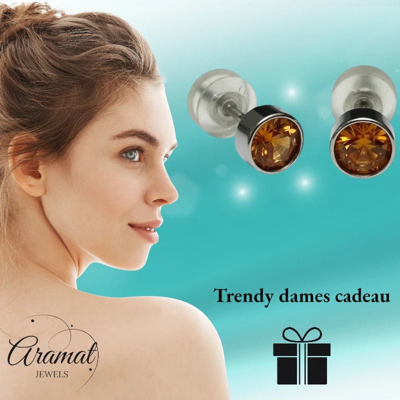 Oorstuds – Staal Kristal Topaas Bruin Zilverkleur (5mm) - Aramat Jewels - Oorbellen - cadeautip