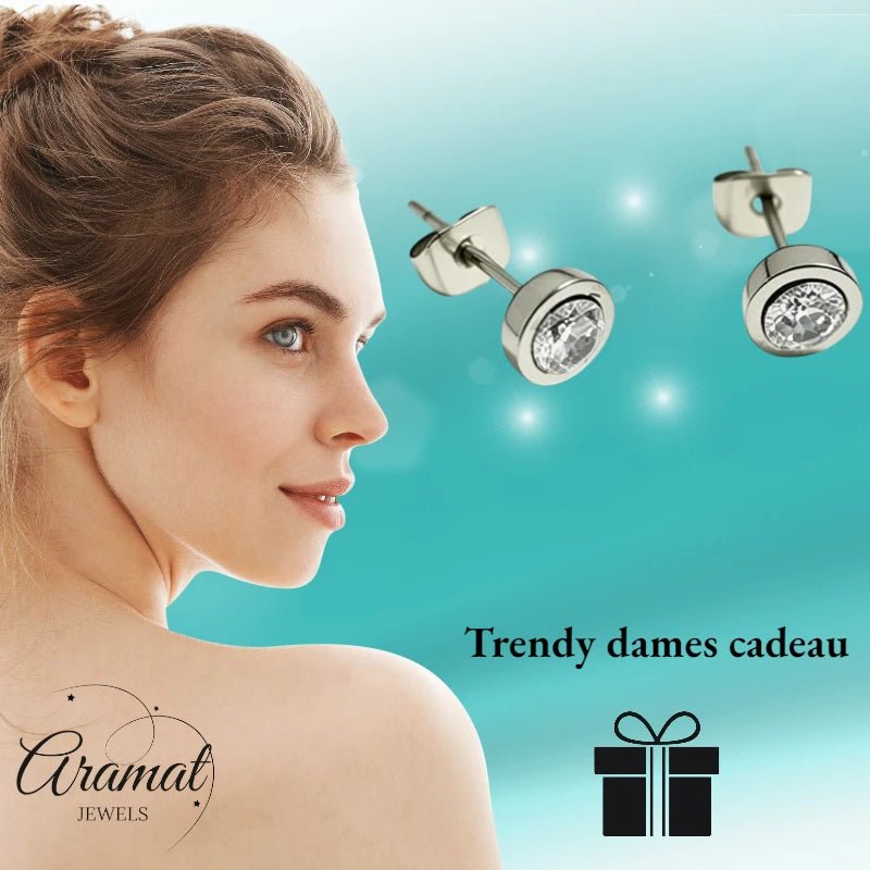 Oorstuds – Staal Zirkonia Transparant Zilverkleur (6mm) - Aramat Jewels - Oorbellen - cadeautip