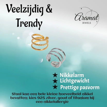 Open Ring Driedubbele Band: Glad en Gedraaid (15 mm Breed) - Aramat Jewels - Ringen - cadeautip