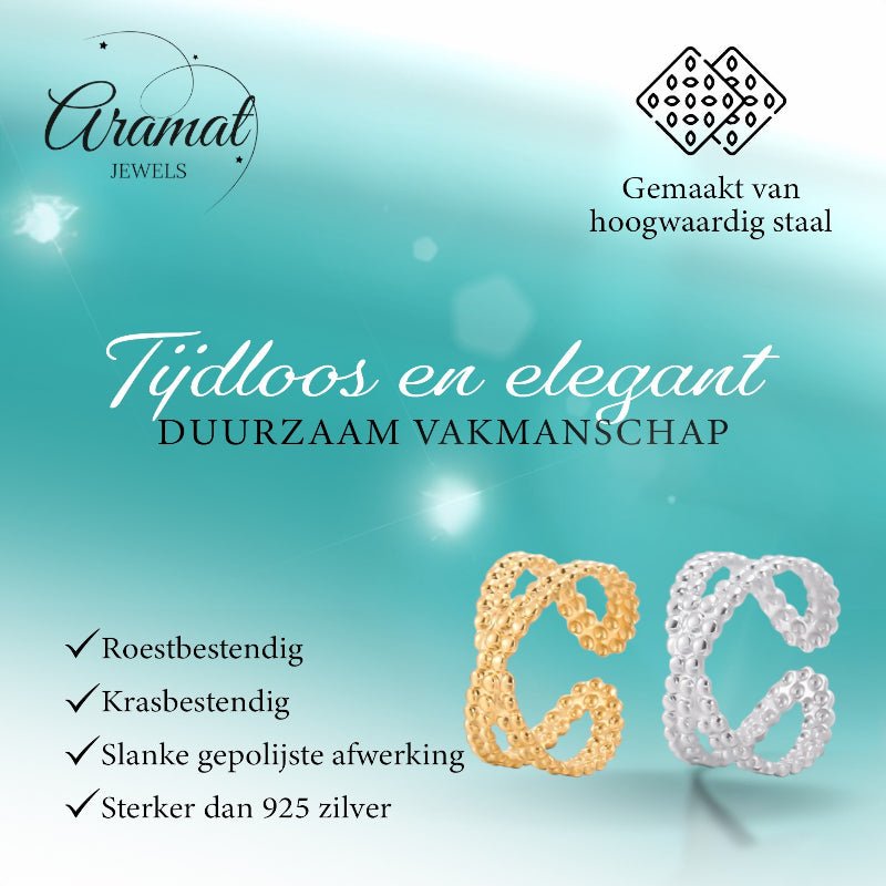 Open Ring Gekruiste Lijn met Bolletjes Reliëf (Verstelbaar RVS) - Aramat Jewels - Ringen - cadeautip
