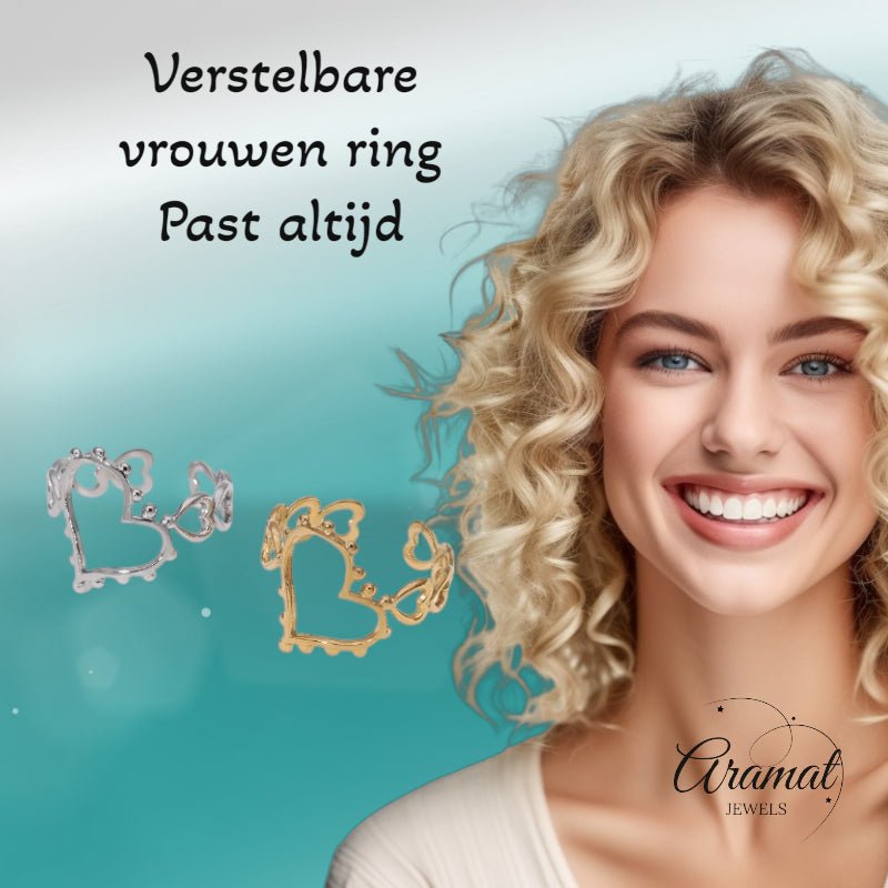 Open Ring Hartjes Schakel met Bolletjes Versiering (RVS Verstelbaar) - Aramat Jewels - Ringen - cadeautip