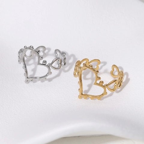 Open Ring Hartjes Schakel met Bolletjes Versiering (RVS Verstelbaar) - Aramat Jewels - Ringen - cadeautip