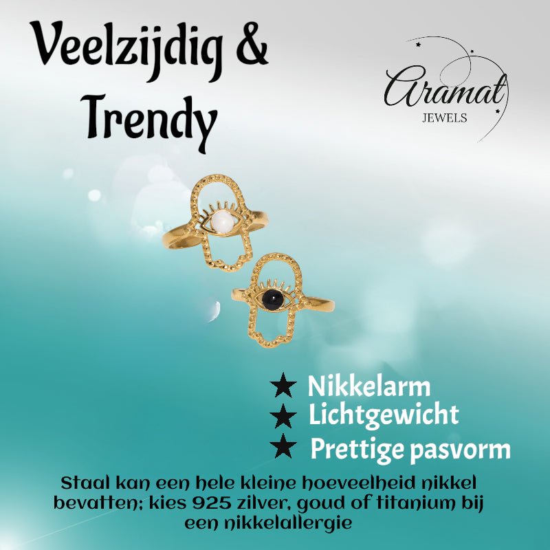 Open Ring RVS Hamsa Hand en Oog met Emaille (18 mm) - Aramat Jewels - Ringen - cadeautip