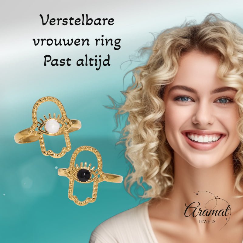 Open Ring RVS Hamsa Hand en Oog met Emaille (18 mm) - Aramat Jewels - Ringen - cadeautip