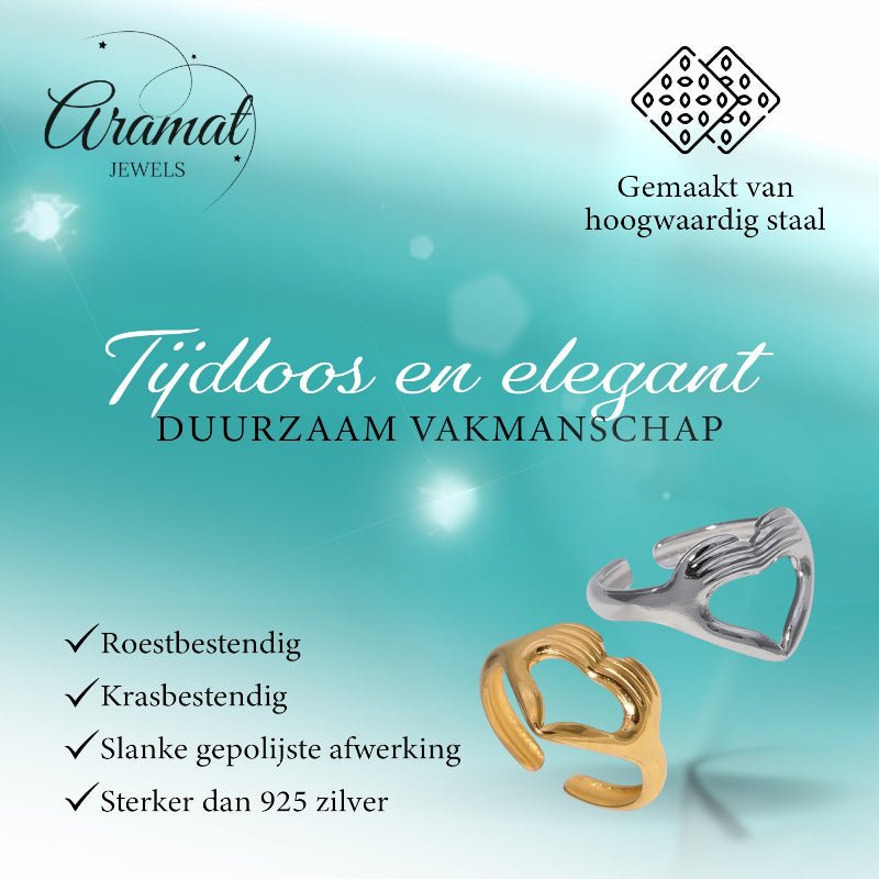 Open Ring RVS Hart met Handen Symbool (14 mm Breed) - Aramat Jewels - Ringen - cadeautip