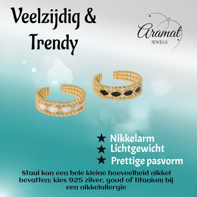 Open Ring RVS met Bolletjes Motief en Emaille Eclips (7 mm) - Aramat Jewels - Ringen - cadeautip