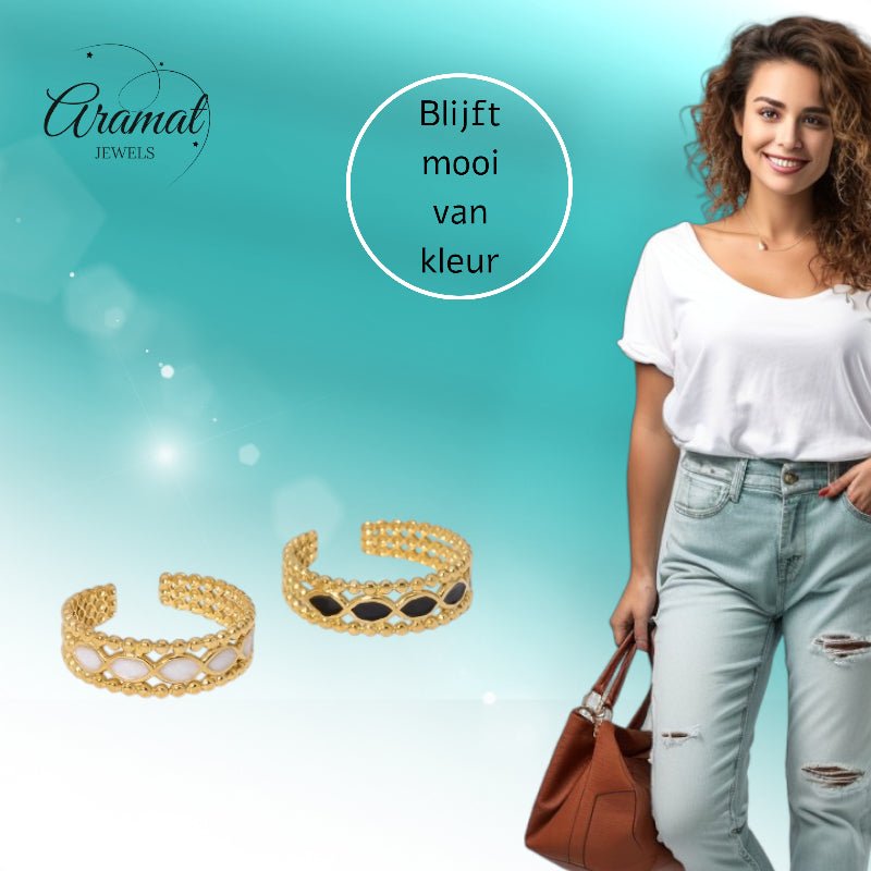 Open Ring RVS met Bolletjes Motief en Emaille Eclips (7 mm) - Aramat Jewels - Ringen - cadeautip