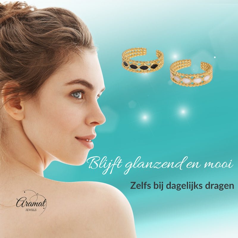 Open Ring RVS met Bolletjes Motief en Emaille Eclips (7 mm) - Aramat Jewels - Ringen - cadeautip