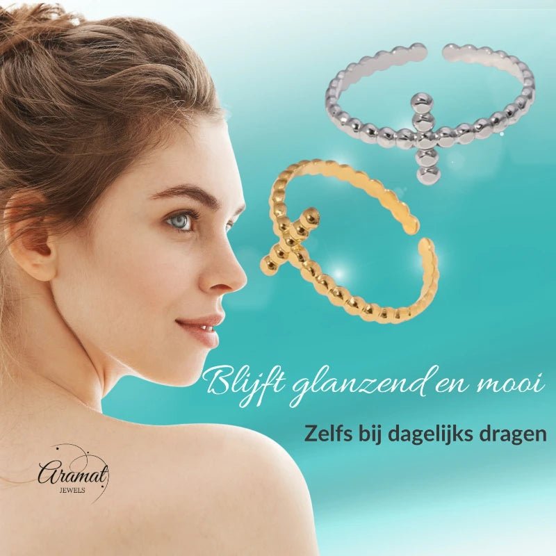 Open Ring RVS met Bolletjesmotief en Kruisje (10 mm) - Aramat Jewels - Ringen - cadeautip
