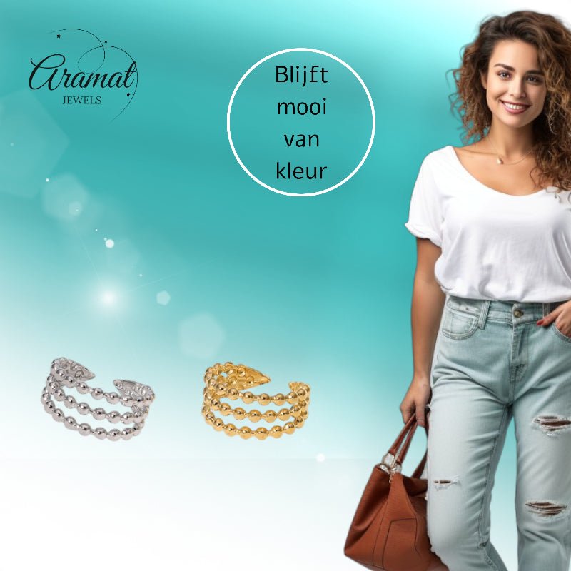 Open Ring RVS met Drie Bolletjeslijnen (10 mm) - Aramat Jewels - Ringen - cadeautip
