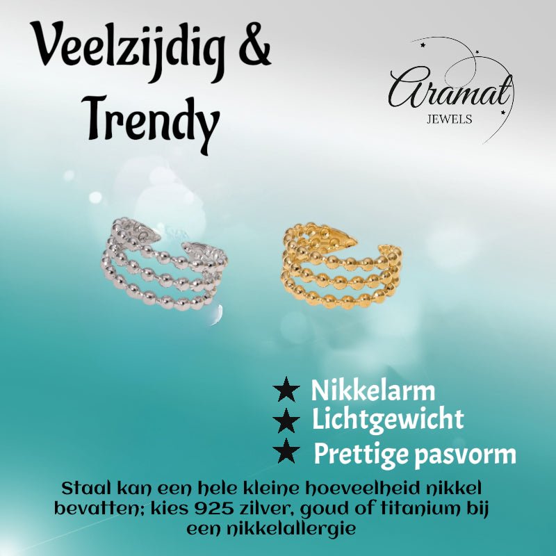 Open Ring RVS met Drie Bolletjeslijnen (10 mm) - Aramat Jewels - Ringen - cadeautip
