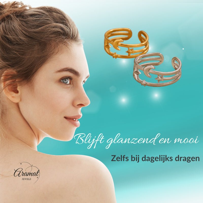 Open Ring RVS met Drie Sterren en Maan (9 mm) - Aramat Jewels - Ringen - cadeautip
