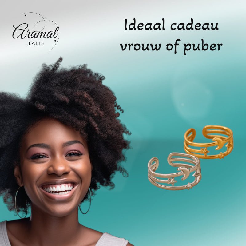 Open Ring RVS met Drie Sterren en Maan (9 mm) - Aramat Jewels - Ringen - cadeautip