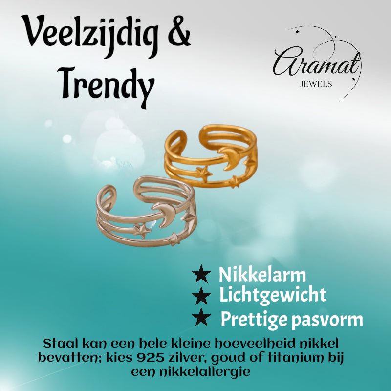 Open Ring RVS met Drie Sterren en Maan (9 mm) - Aramat Jewels - Ringen - cadeautip