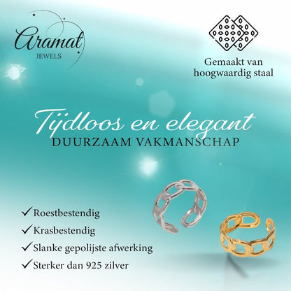 Open Ring Schakel Motief: Gladde en Fijne Schakelband (8 mm) - Aramat Jewels - Ringen - cadeautip