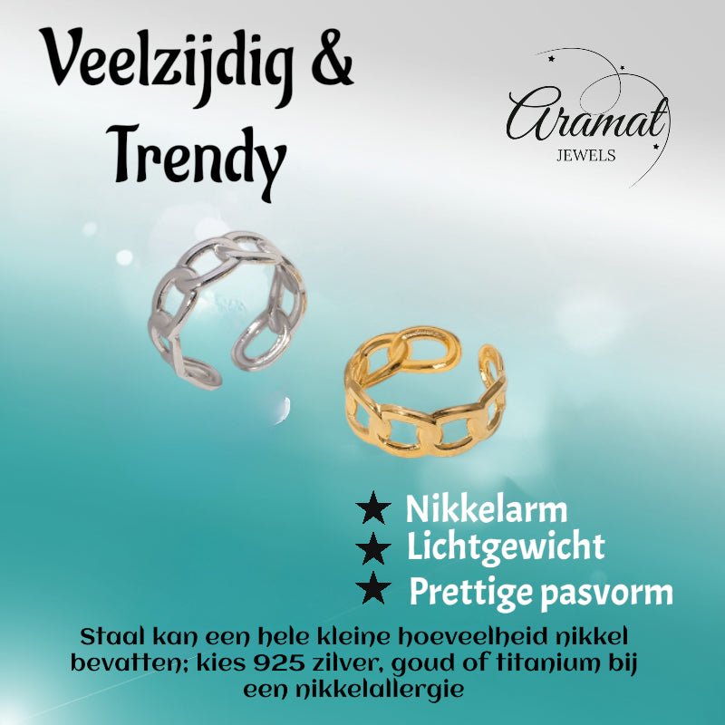 Open Ring Schakel Motief: Gladde en Fijne Schakelband (8 mm) - Aramat Jewels - Ringen - cadeautip