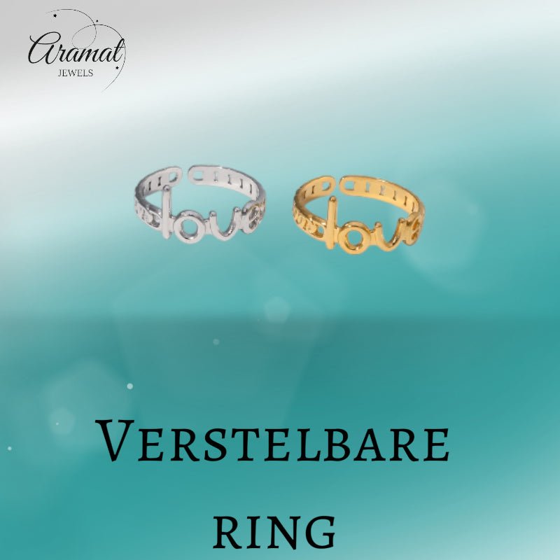 Open Ring Schakel Motief met 'Love' Letters (8 mm Verstelbaar) - Aramat Jewels - Ringen - cadeautip