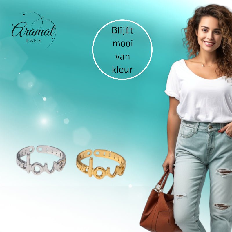 Open Ring Schakel Motief met 'Love' Letters (8 mm Verstelbaar) - Aramat Jewels - Ringen - cadeautip