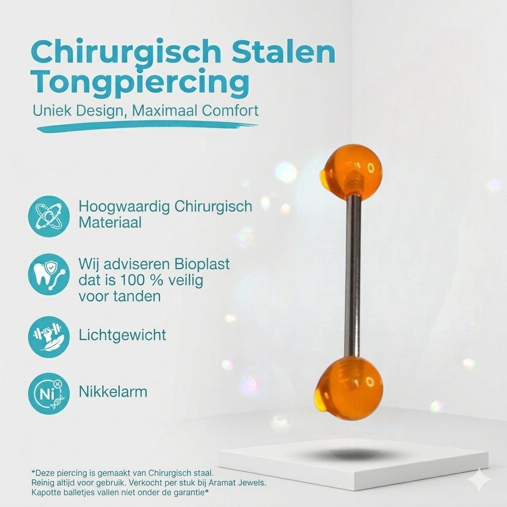 Aramat Jewels orange acrylic ball tongue piercing with a steel bar. Features 6mm acrylic balls and a 16mm steel shaft.