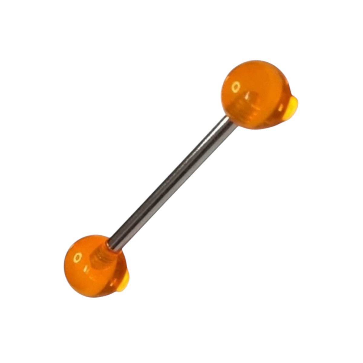 Aramat Jewels orange acrylic ball tongue piercing with a steel bar. Features 6mm acrylic balls and a 16mm steel shaft.