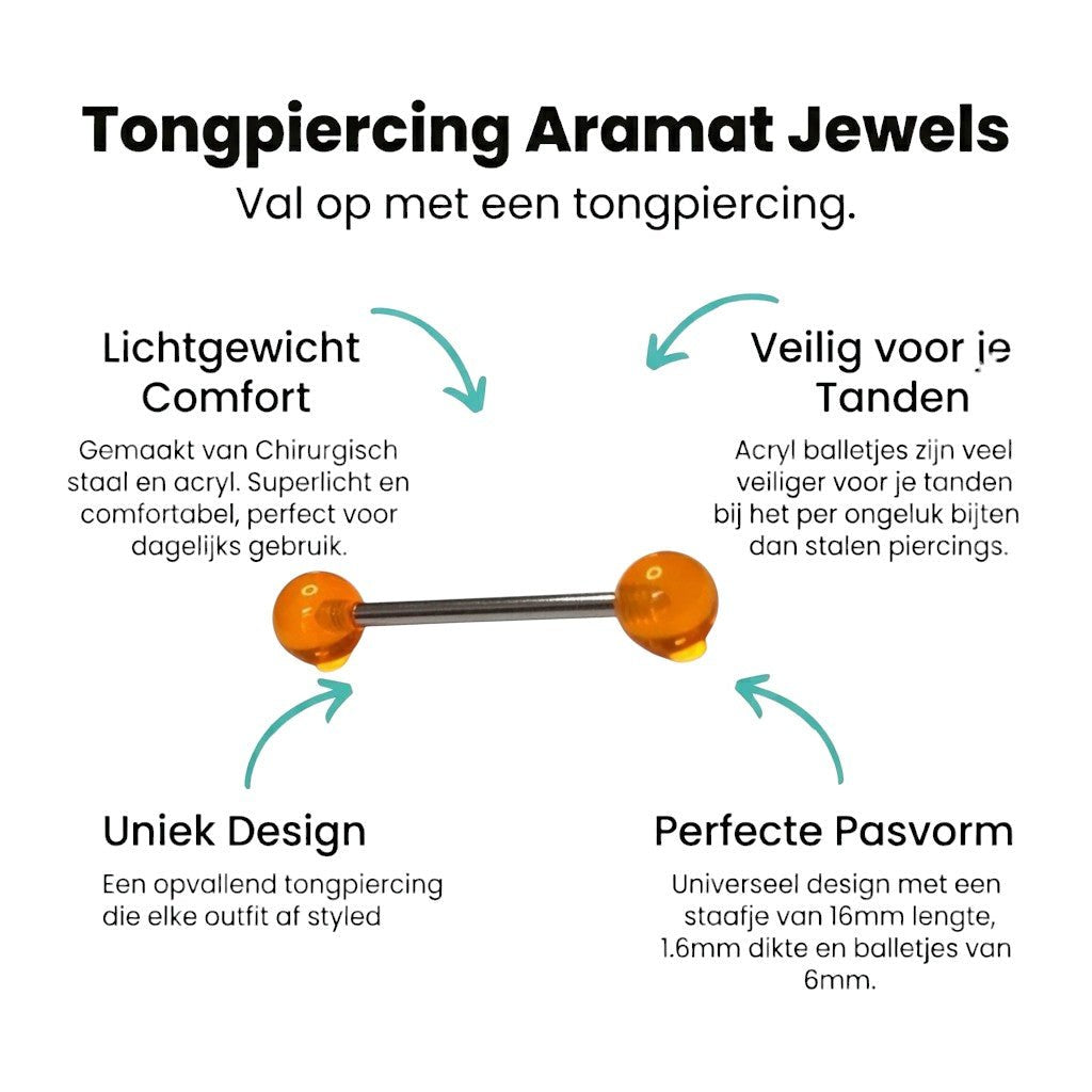 Aramat Jewels orange acrylic ball tongue piercing with a steel bar. Features 6mm acrylic balls and a 16mm steel shaft.