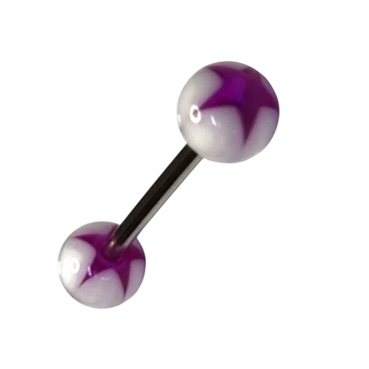 Aramat Jewels steel tongue piercing with purple and white acrylic star ends. 16mm bar, 6mm balls.