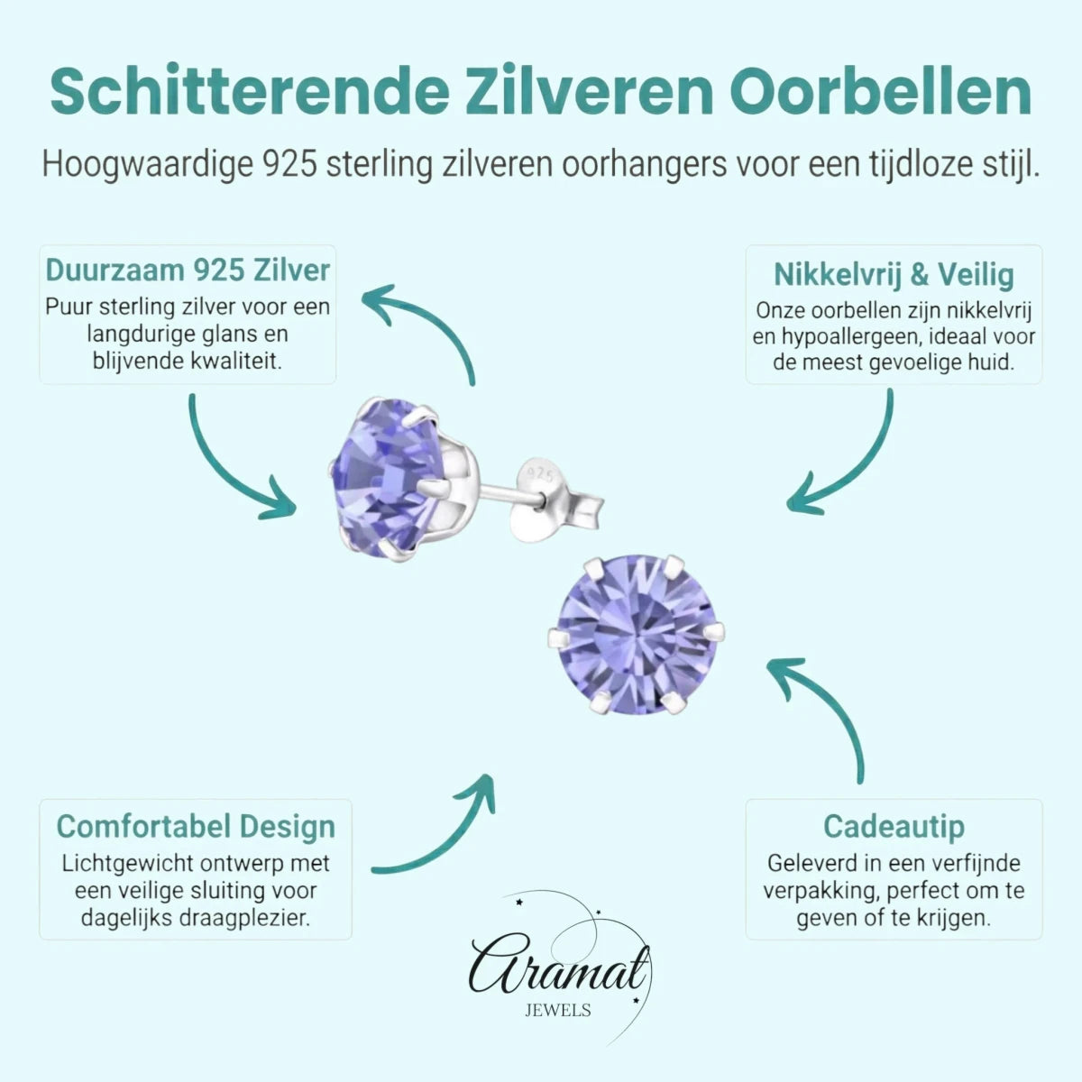 Paarse Kristal Oorbellen Sterling Zilver - Aramat Jewels - Oorbellen - cadeautip