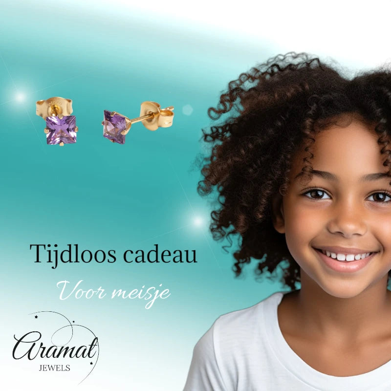 Oorbellen – RVS Goudkleur met Paarse Vierkante Zirkonia (5mm)