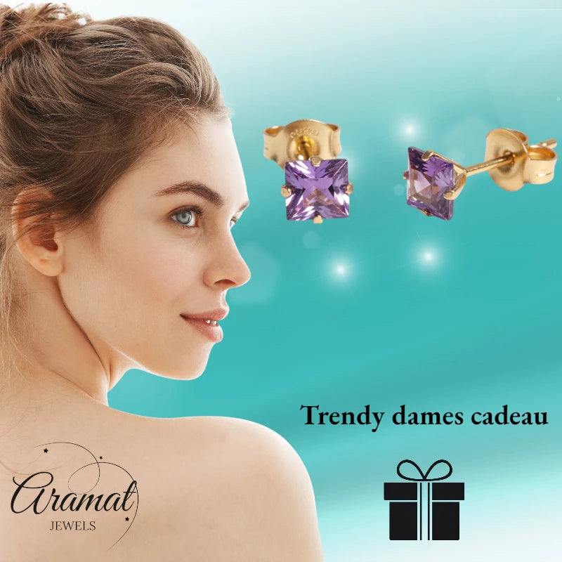 Oorbellen – RVS Goudkleur met Paarse Vierkante Zirkonia (5mm)