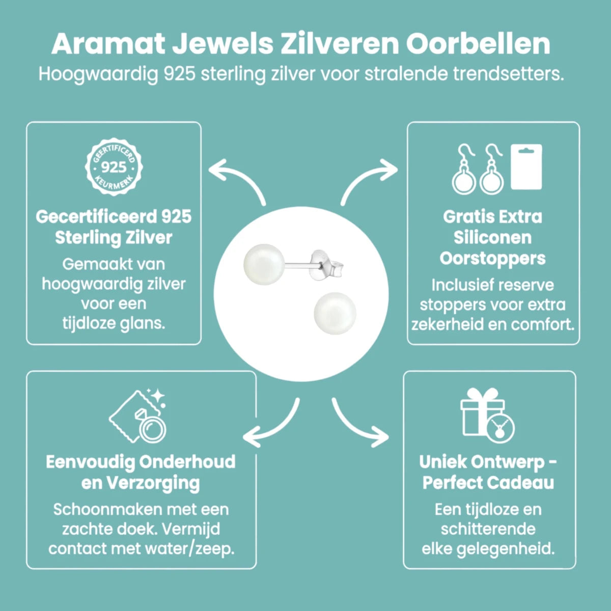 Parel oorbellen 925 zilver – 6mm wit - Aramat Jewels - Oorbellen - cadeautip